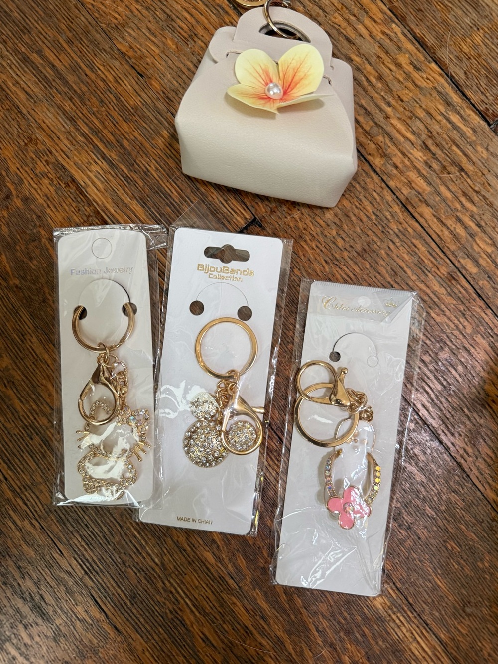 Mickey Mouse, Hello Kitty and Goldtone Crystal Accent Keychains  - Gold